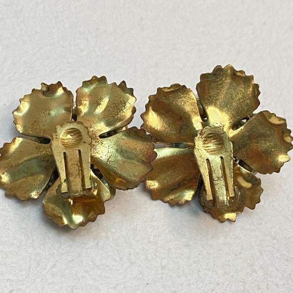 Flower Stud Earrings Gold Tone Cluster Beads Blue Green Rhinestones Clip Ons - Picture 8 of 11